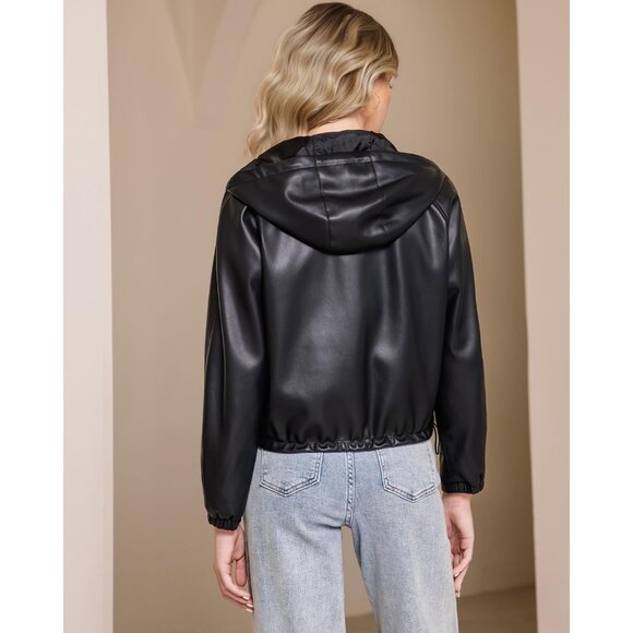 Women Black  Faux Leather Jacket Hooded Moto Biker Outwear Coat - Picture 4 of 6